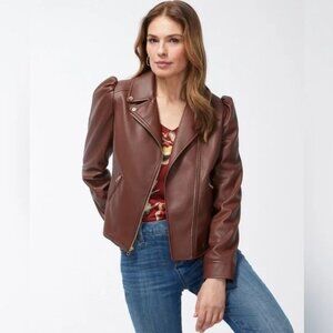 NWT CHICO'S CAMBRIDGE BROWN FAUX LEATHER MOTO ZIP JACKET LARGE $149